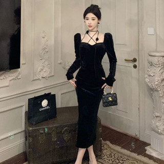韓版聚會派對時尚性感黑色絲絨長裙女裝高階感緊身綁帶花朵圓領長袖中長款緊身洋裝