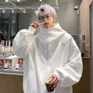 青少年白色小外套大學T男 新款高階感痞帥青少年寬鬆連帽外套男m-3xl