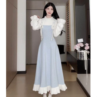 學院風休閒時尚淺藍色洋裝女裝撞色拼接圓領長袖抽繩中長款A字洋裝