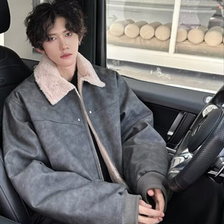 黑灰色PU皮羔羊絨加棉棉衣男 冬季高階感刷毛加厚棉服外套男m-3xl