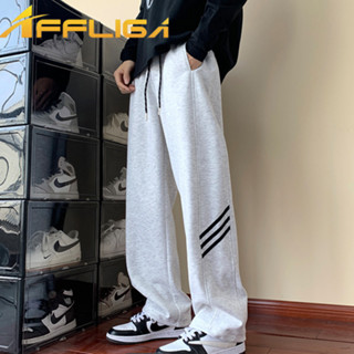 ✦AFFLIGA✦秋冬寬鬆休閒抽繩鬆緊腰運動褲男 潮流百搭刷毛加厚男款直筒褲 韓版簡約三條槓條紋男女長褲