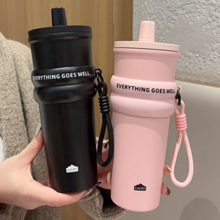710ml時尚不銹鋼304保溫瓶帶吸管防漏咖啡茶冷飲汽車保溫瓶旅行不倒翁