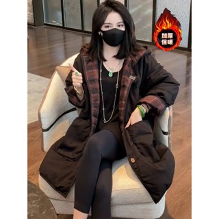 MONA韓國保暖外套M-6XL高階感氣質複古寬鬆中長款風衣外套女秋冬新款夾棉連帽棉服女冬季