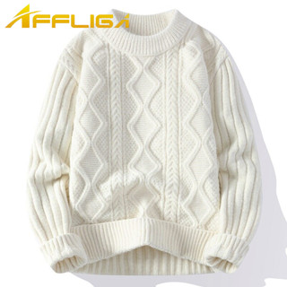 ✦AFFLIGA✦冬季加厚保暖麻花針織衫男 圓領韓版簡約設計感男女長袖內搭 素色寬鬆休閒條紋男款毛衣