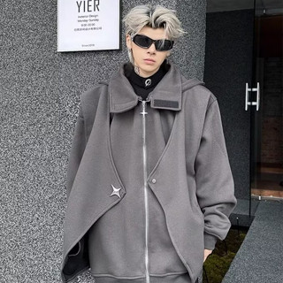 【M-3XL】2024秋季男士連帽衫美式時尚潮流寬鬆休閒百搭高街加厚高領假兩件痞帥外套