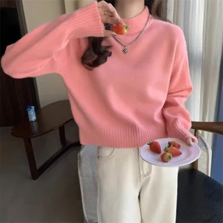 【NZN】 韓版時尚女士半高領白色毛衣女冬季簡約純色長袖套頭針織毛衣