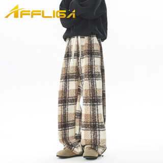 ✦AFFLIGA✦秋冬季寬鬆復古格子男款休閒褲 街頭美式潮流直筒褲子男 加厚毛呢抽繩鬆緊腰男女長褲