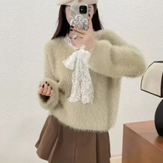 【NZN】 韓版仿貂皮蕾絲蕾絲毛衣女新款冬季加厚針織打底軟糯休閒上衣