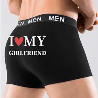 男士平角內褲“i LOVE MY GIRLFRIEND”會標印花圖案背面彈力透氣舒適三角褲情人節禮物 R+M096