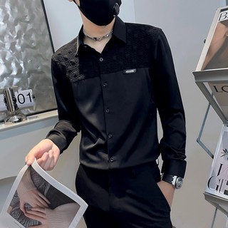肌理感拼接高階感長袖襯衫男 春秋季潮牌髮型師內搭痞帥襯衫男m-3xl