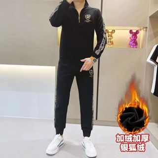 M-4XL大尺碼1套式男裝源頭貨批發價限時免運春秋冬季新款男士時尚潮流兩件套輕奢立領刷毛加厚長袖痞帥套裝男長褲上衣2件套