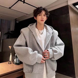 假兩件墊肩連帽大學T男 潮牌高階感痞帥春秋短版黑色時尚外套男m-3xl