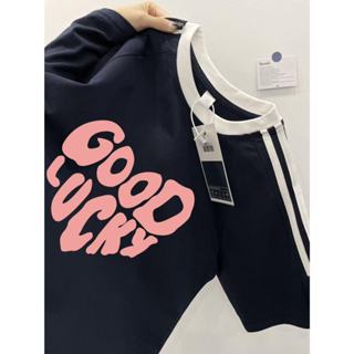 100%純棉三條紋女裝T恤Oversize Love英文印花海軍藍短袖上衣
