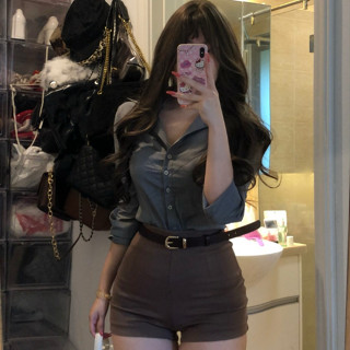 韓版氣質時尚性感套裝女裝緊身翻領單排扣長袖襯衫+高腰直筒短褲兩件套