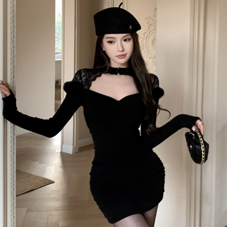 韓版氣質休閒時尚黑色洋裝女裝緊身蕾絲拼接圓領長袖包臀緊身洋裝