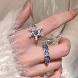 法式藍色滿鑽雪花戒指小眾設計高階感個性可調整指環
