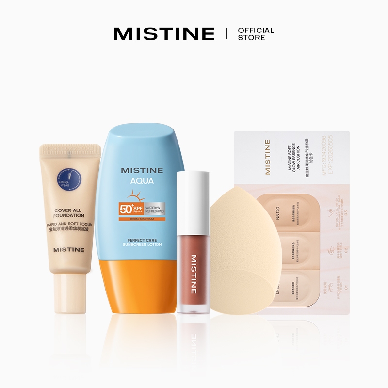 【HOT Combo SET】Mistine 中號唇彩*1+粉底5g+連體氣墊試出卡*1+24版黃帽7ml+美蛋*1