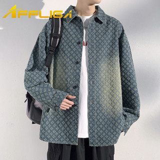 ✦AFFLIGA✦春秋季提花設計感牛仔服男 藍色水洗時尚翻領男款夾克 潮流休閒寬鬆男女長袖外套