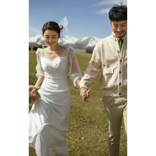 法式緞面輕婚紗 高階感旅拍森系外拍自助婚紗 旅拍寫真登記結婚禮服 簡約長袖小拖尾新娘證婚禮服洋裝 甜美白色長洋裝 現貨