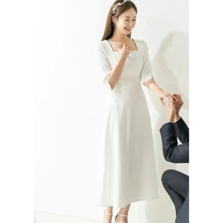 韓系白色洋裝 登記小白裙 訂婚旅拍禮服平時可穿 緞面洋裝大尺碼新娘登記 約會洋裝 方領長袖顯瘦白色洋裝 現貨速發 大尺碼
