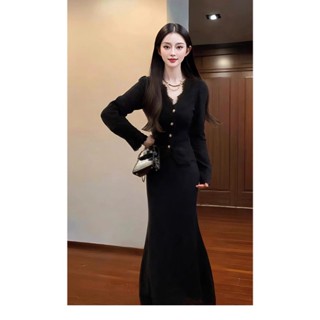 韓版氣質休閒黑色蕾絲套裝女裝緊身V領單排扣長袖蕾絲上衣+高腰中長款魚尾半身裙兩件套