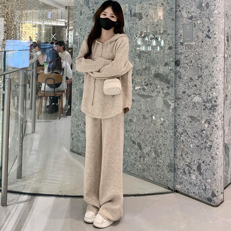 2 件裝女士連帽服裝個人套裝穿女士長袖寬鬆拉鍊 V 領上衣襯衫上衣襯衫連帽衫和長褲高腰褲 #885