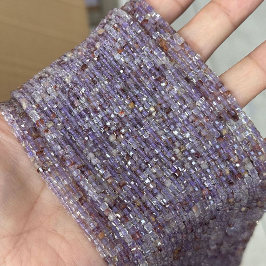 天然紫幽靈小方糖 刻面圓珠 條珠 紫幽靈水晶Purple Phantom Quartz 鑽切小米珠 半成品 串珠 紫幽靈