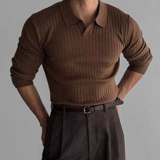 春秋韓國百搭素色螺紋彈力翻領套頭毛衣男 緊身POLO針織長袖T恤衫男M-3XL