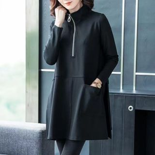 黑色女式休閒蕾絲寬鬆長 T 恤拉鍊高圓領 O 領 T 恤時尚長袖秋季舒適素色上衣服裝 #8958