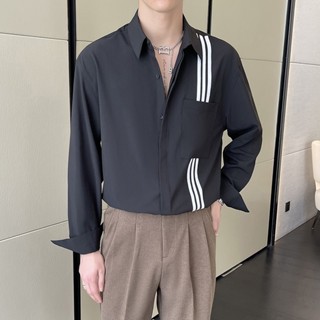 輕奢設計感上衣男 韓版寬鬆長袖襯衫男 潮流痞帥條紋織帶免燙襯衫男m-2xl