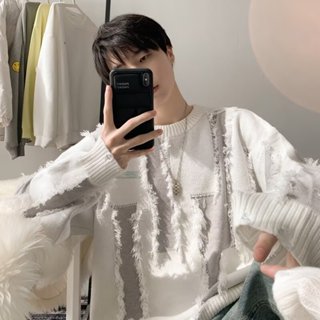 2025新款個性寬鬆毛衣男士 冬季日系設計感小眾線衣外套圓領套頭寬鬆針織衫男M-3XL