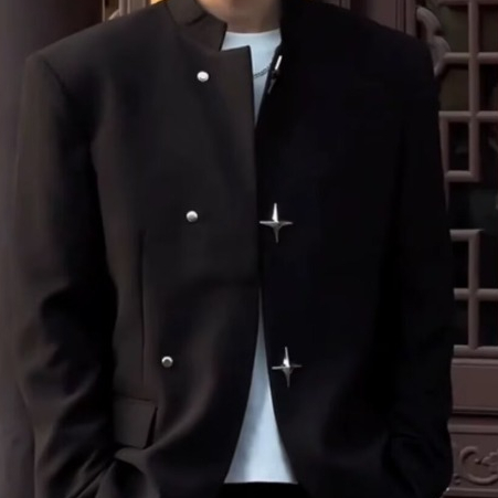 高級設計感黑色中式立領西裝外套男士 輕商務風中山裝墊肩西裝上衣男M-3XL