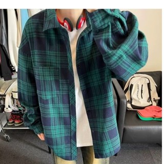 潮流寬鬆簡約格紋長袖襯衫男 秋季日系百搭復古襯衫男M-3XL