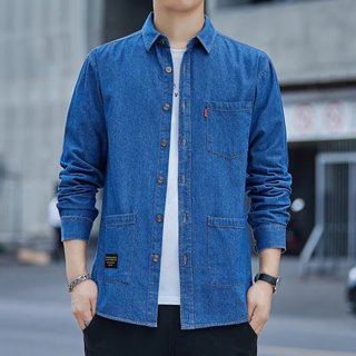 春秋季新款工裝牛仔長袖襯衫男士 寬鬆多口袋高檔襯衫外套男M-3XL