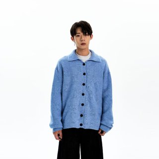 高品質鹿毛絨毛衣 新款慵懶風素色棋盤格翻領針織小外套男女 寬鬆百搭情侶毛衣外套