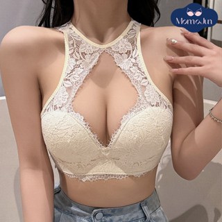 Momo 法式掛脖性感蕾絲內衣女柔軟舒適透氣無框集中爆乳胸罩