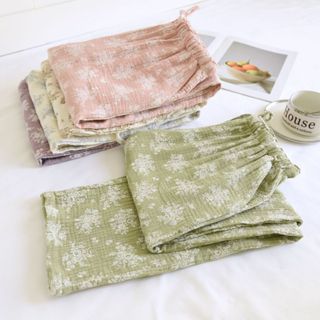 【現貨】柔軟100%全棉質女睡褲 春秋雙層棉紗縐布睡褲 女生長褲家居褲簡約大氣縐布長褲可外穿四季薄款透氣