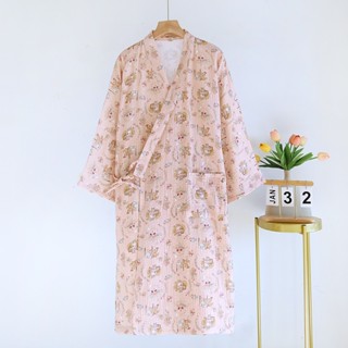 100%棉質女生日式浴袍和服睡袍女 四季款全棉女士和服袍雙層水洗紗布浴袍可愛卡通舒適薄款汗蒸浴袍