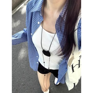 【NZN】藍色格子長袖襯衫外套上衣女早春復古慵懶風寬鬆休閒顯瘦格紋襯衫
