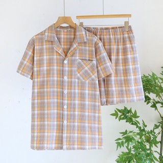 夏季男短袖睡衣睡褲套裝 100%純棉質男生薄睡衣短袖短褲居家服簡約格子風水洗棉男短袖浴袍