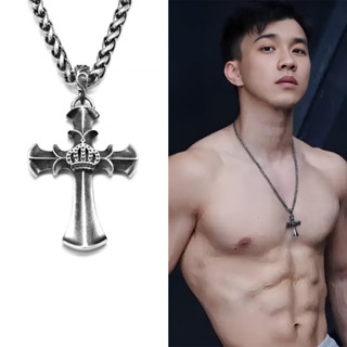 BD581 男士項鍊歐美搖滾復古風格十字架吊墜銀色金屬鏈性感個性鎖骨鏈
