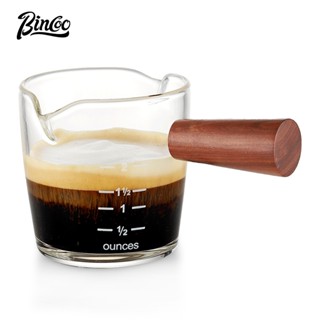 BINCOO 玻璃奶盅杯 日式小奶罐 實木柄雙嘴濃縮咖啡杯 刻度量杯 奶缸 70ML