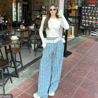 韓版街頭潮流時尚套裝女裝緊身彈力圓領長袖白色T恤+高腰藍色格紋闊腿長褲兩件套