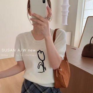 學院風簡約百搭刺繡針織衫女裝寬鬆圓領印花短袖打底衫上衣