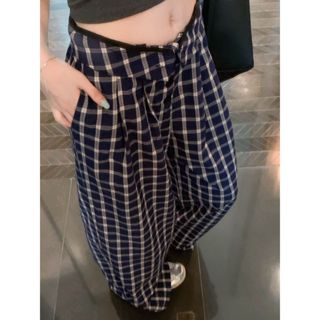 【NZN】 藍色格子休閒褲女夏季慵懶風高腰闊腿直筒褲長褲