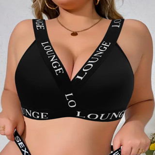 女式加大碼黑色內衣,帶字母邊緣鋼圈,彈力背心,美背,無縫運動舒適文胸 D455
