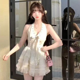 韓版氣質時尚性感掛脖杏色洋裝女裝緊身高級設計蕾絲拼接無袖A字洋裝