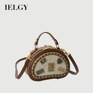 IELGY 復古手提包女包 質感徽章小圓包 設計感鏈條老花時尚手拎包