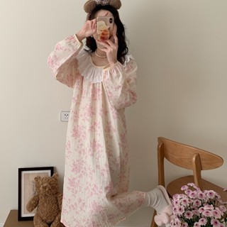 純棉洋裝長袖睡裙 女士春夏款紗布甜美少女睡衣裙中長款洋裝