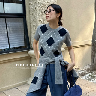 韓版街頭潮流時尚格紋針織衫女裝緊身彈力圓領短袖打底衫上衣
